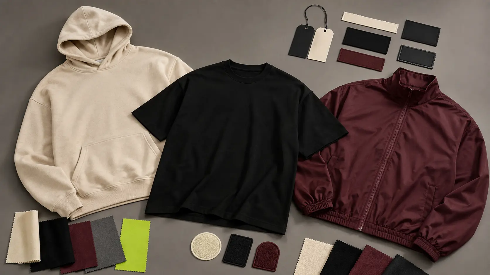 Flat lay of hoodie, T-shirt and track jacket with fabric swatches, woven labels and hang tags