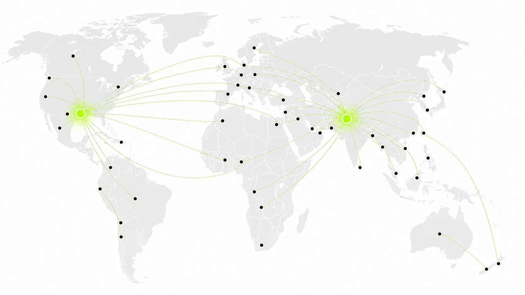 World map showing shipping routes radiating from production and client hubs to destinations worldwide