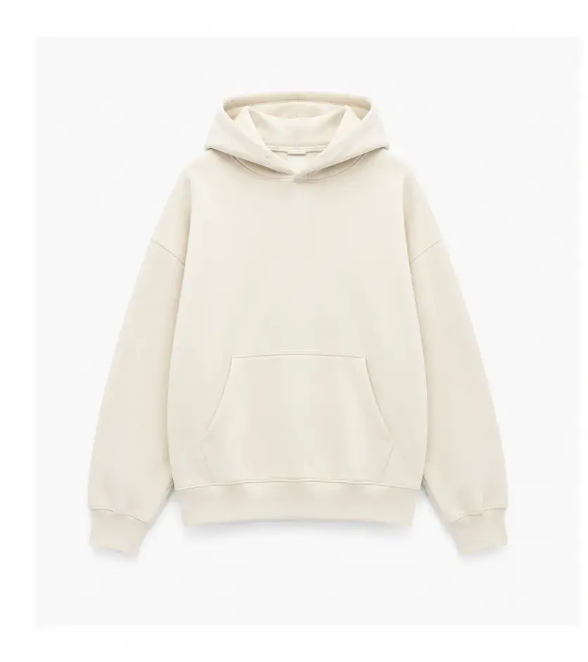 Oversized cream fleece pullover hoodie, finished product photo