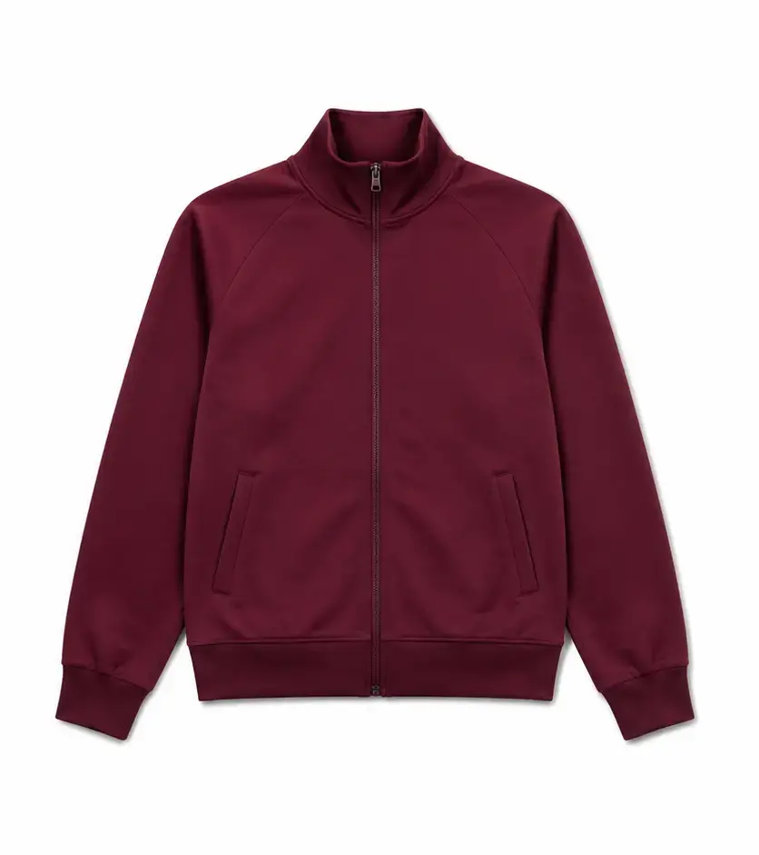 Burgundy technical track jacket with full zip, finished product photo