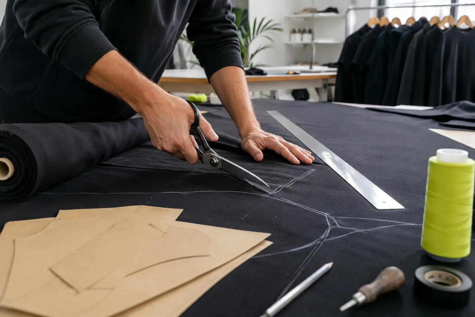 Pattern maker cutting black fabric by hand using paper pattern pieces and shears